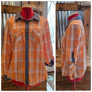 New Sundance Orange Plaid Bitton Front Shirt M Fitted Denim Trim